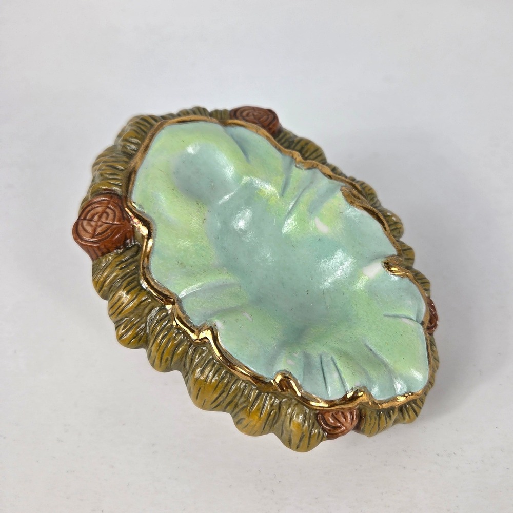 Vintage Ceramic Nativity Manger Figurine Gold Trim Iridescent Green Glaze